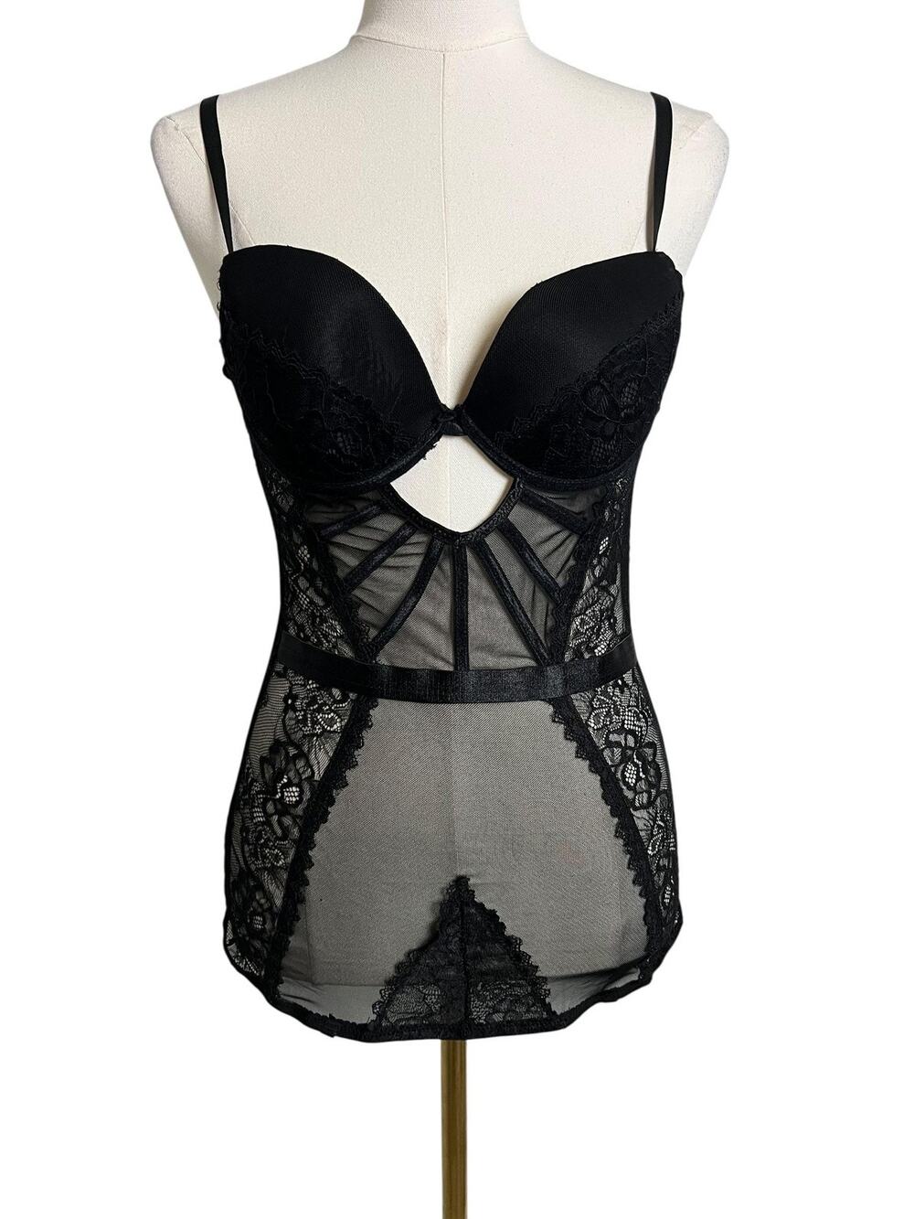 BodyRage Lace Bustier Womens Medium Black Sheer Mesh Overbust Lingerie Sexy